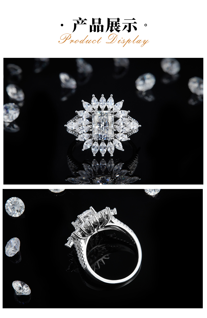 满钻祖母绿切割女戒S925银镀白金定制选款主石莫桑钻2.5ct/副石高碳钻 - 3