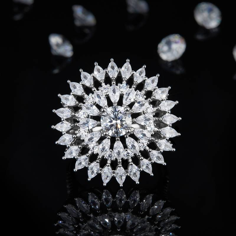 马眼钻围镶豪华Women's RingS925银镀白金定制选款Moissanite1.0ct/副石高碳钻