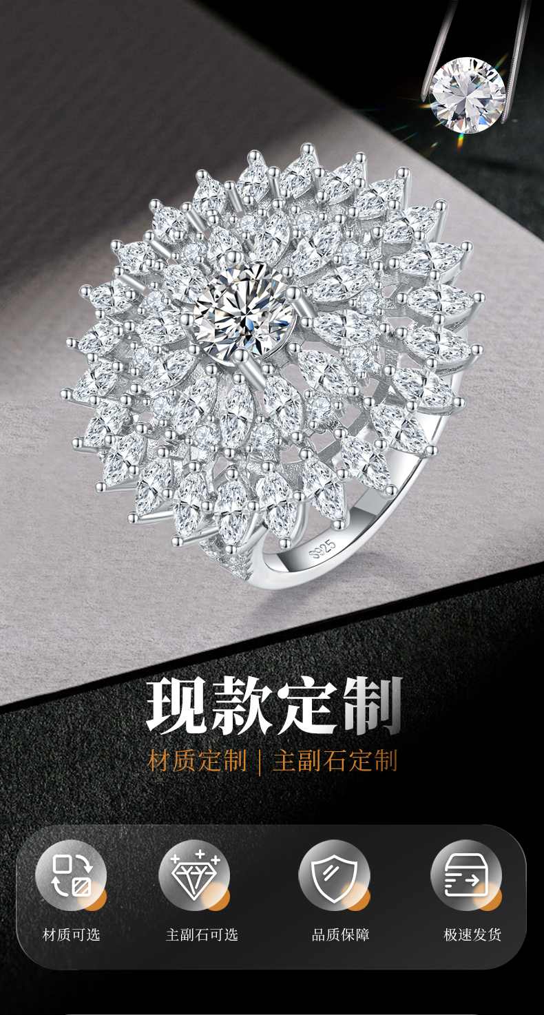马眼钻围镶豪华女戒S925银镀白金定制选款莫桑钻1.0ct/副石高碳钻 - 1