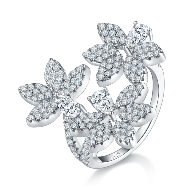 花瓣开口Women's RingS925银镀白金定制选款副石Moissanite1.68ct