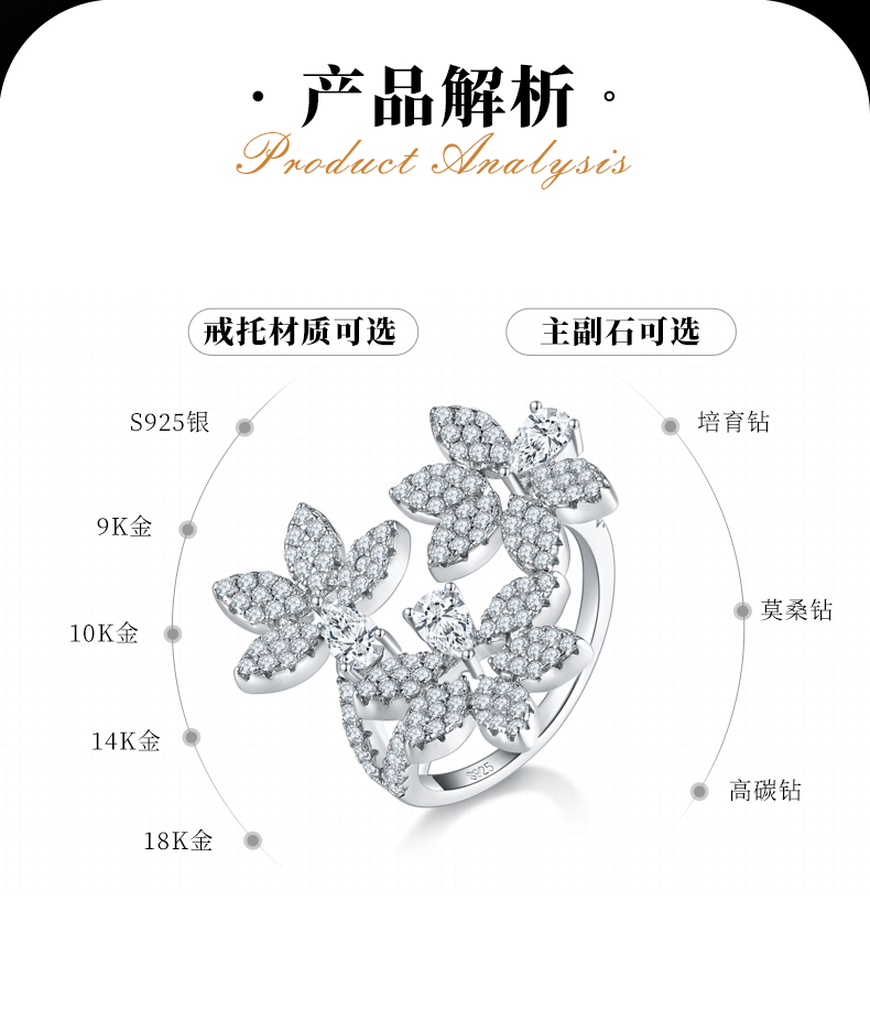 花瓣开口女戒S925银镀白金定制选款副石莫桑钻1.68ct - 2