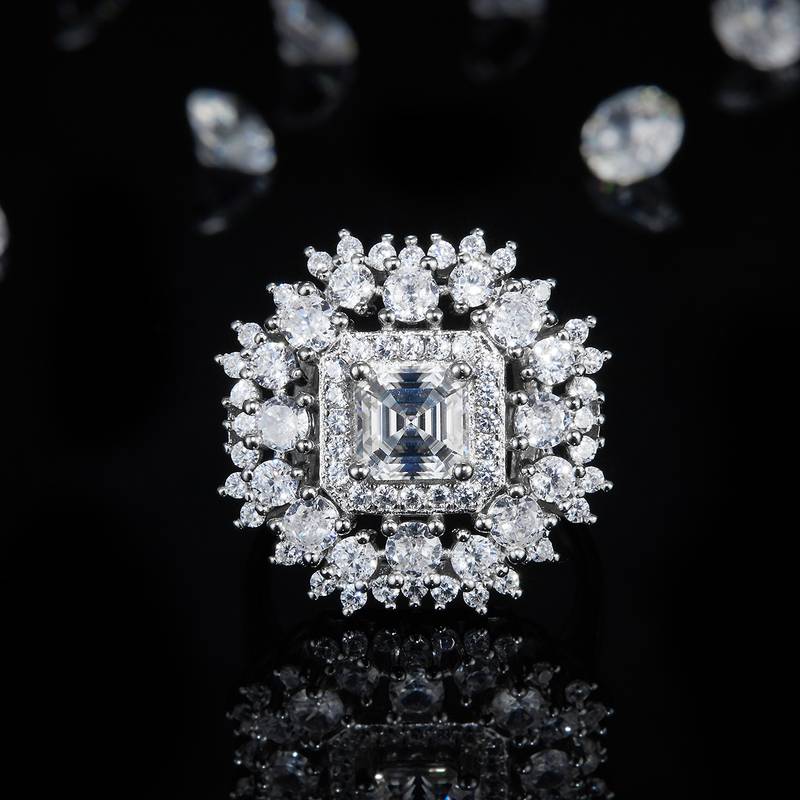 满钻围镶阿斯切女戒S925银镀白金定制选款主石莫桑钻1.0ct/副石高碳钻