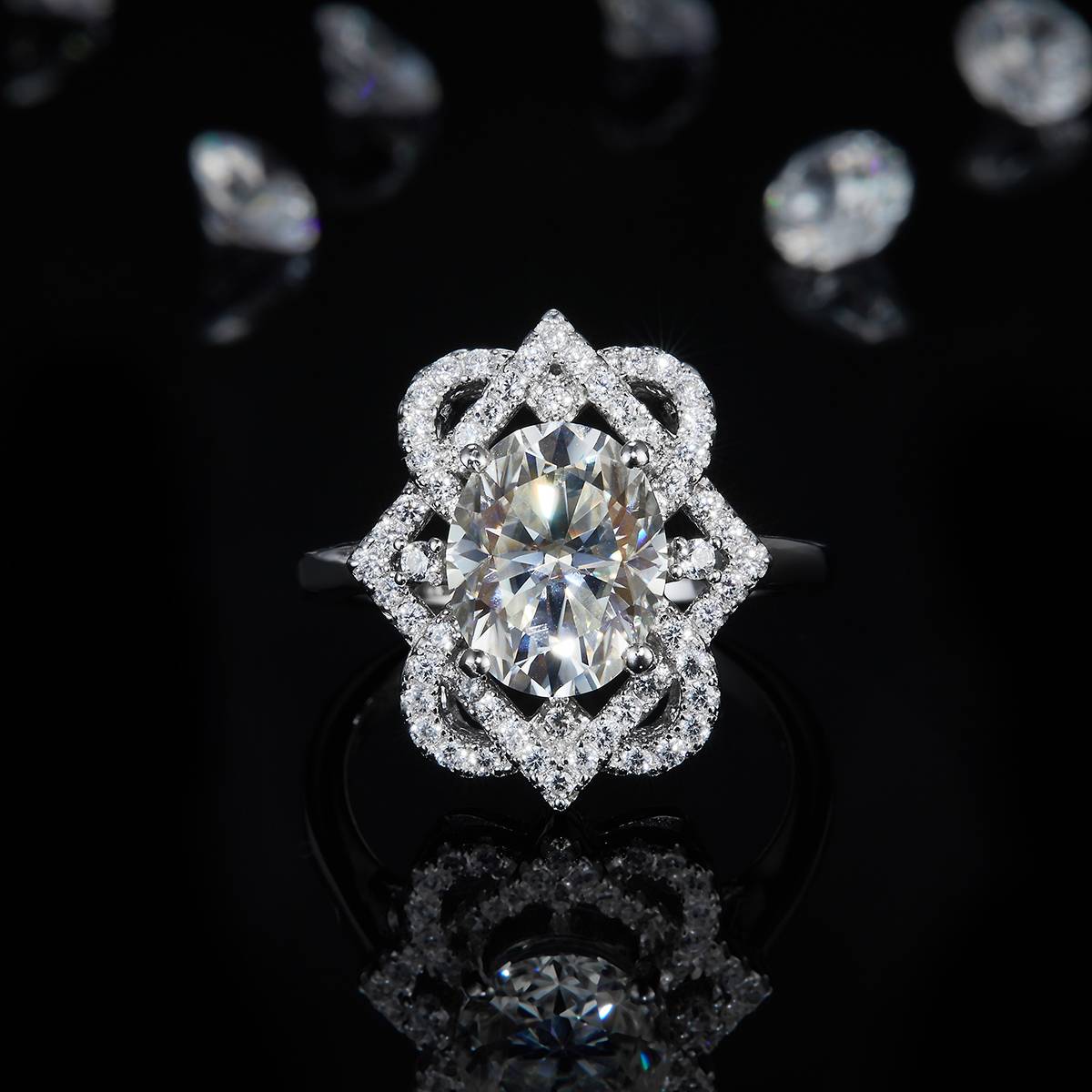 Light arm luxury Oval women's ring S925 silver plated platinum customized selection, main stone Moissanite 3.0ct/Side Stone Cubic Zirconia