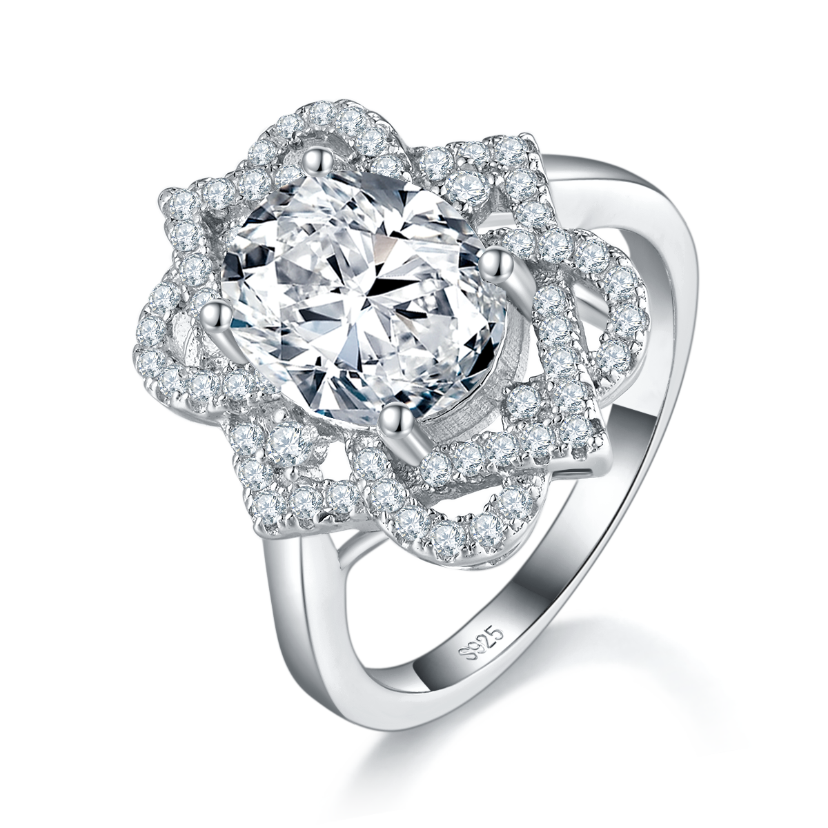 Light arm luxury Oval women's ring S925 silver plated platinum customized selection, main stone Moissanite 3.0ct/Side Stone Cubic Zirconia