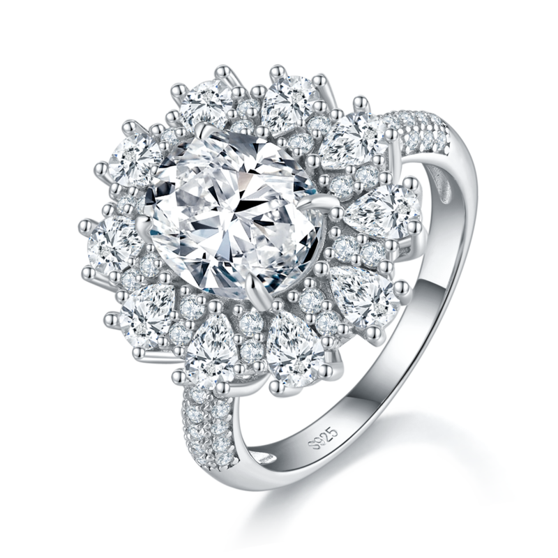 梨形小钻围镶蛋形Women's RingS925银镀白金定制选款主石Moissanite3.0ct/副石高碳钻