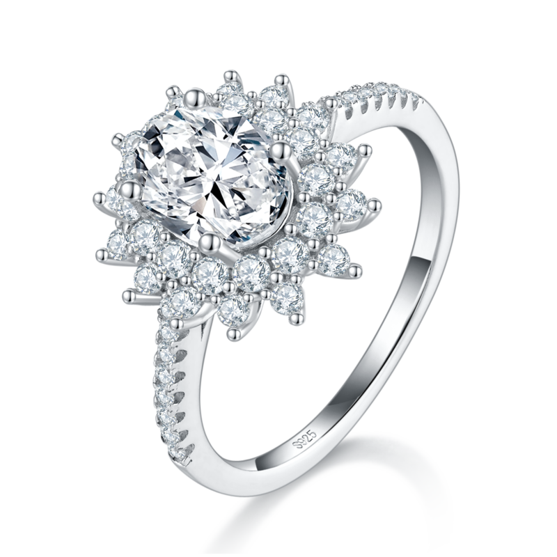 微镶太阳花蛋形Women's RingS925银镀白金定制选款主石Moissanite1.5ct/副石高碳钻