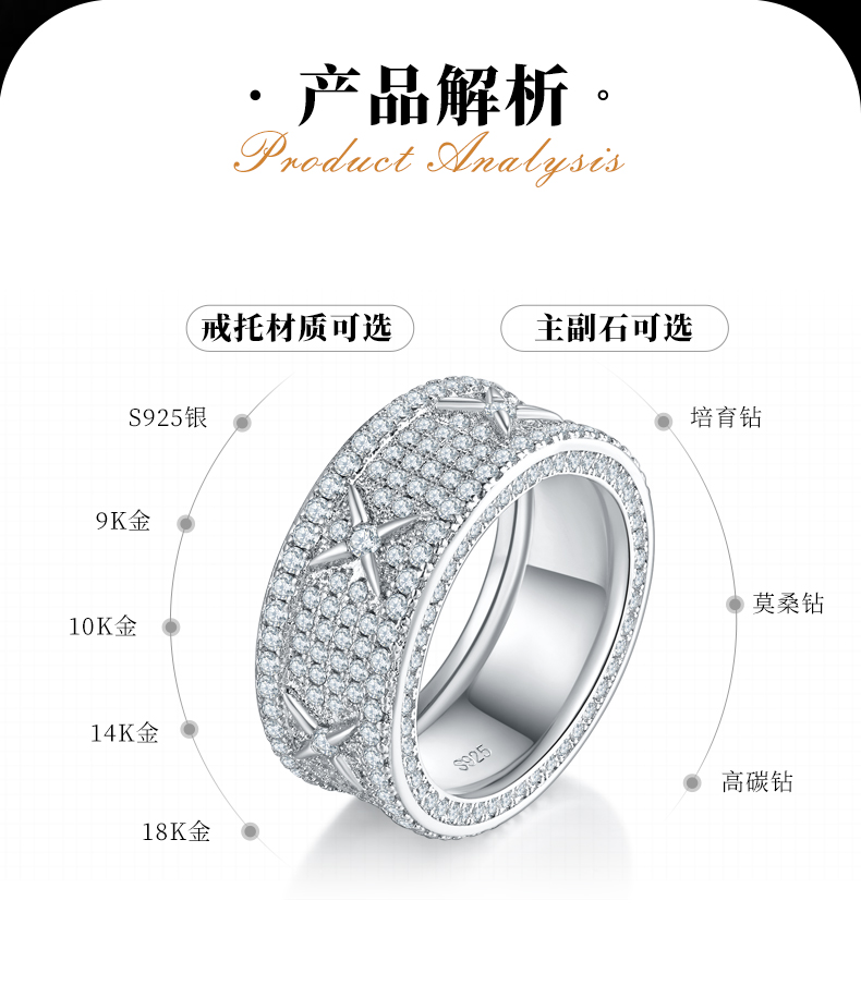 满钻轻奢排戒S925银镀白金女戒定制选款副石莫桑钻2.55ct - 2