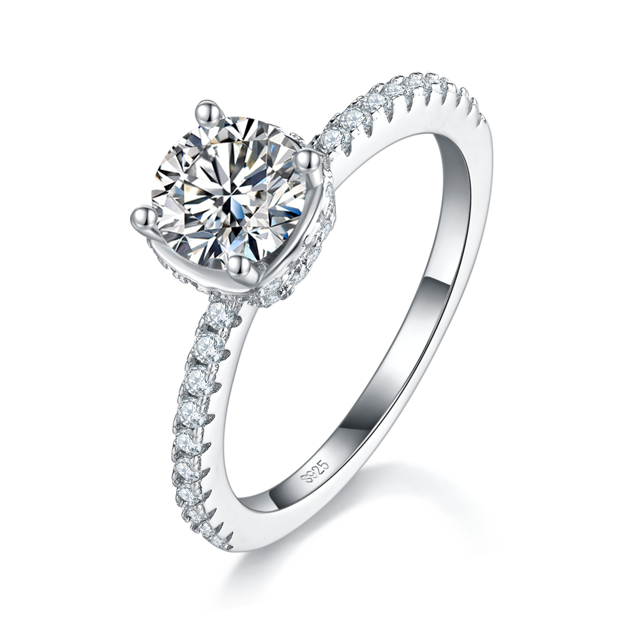Micro Inlaid Four Claw Women's Ring S925 Silver Plated Platinum Customized Selection Main Stone Moissanite 1.0ct/Side Stone Cubic Zirconia