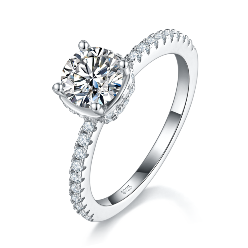 微镶四爪女戒S925银镀白金定制选款主石莫桑钻1.0ct/副石高碳钻