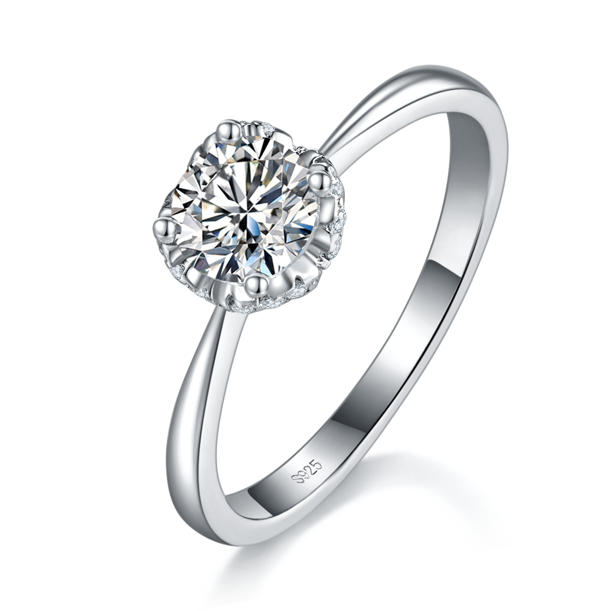 光臂花苞四爪女戒S925银镀白金定制选款莫桑钻1.0ct/副石高碳钻