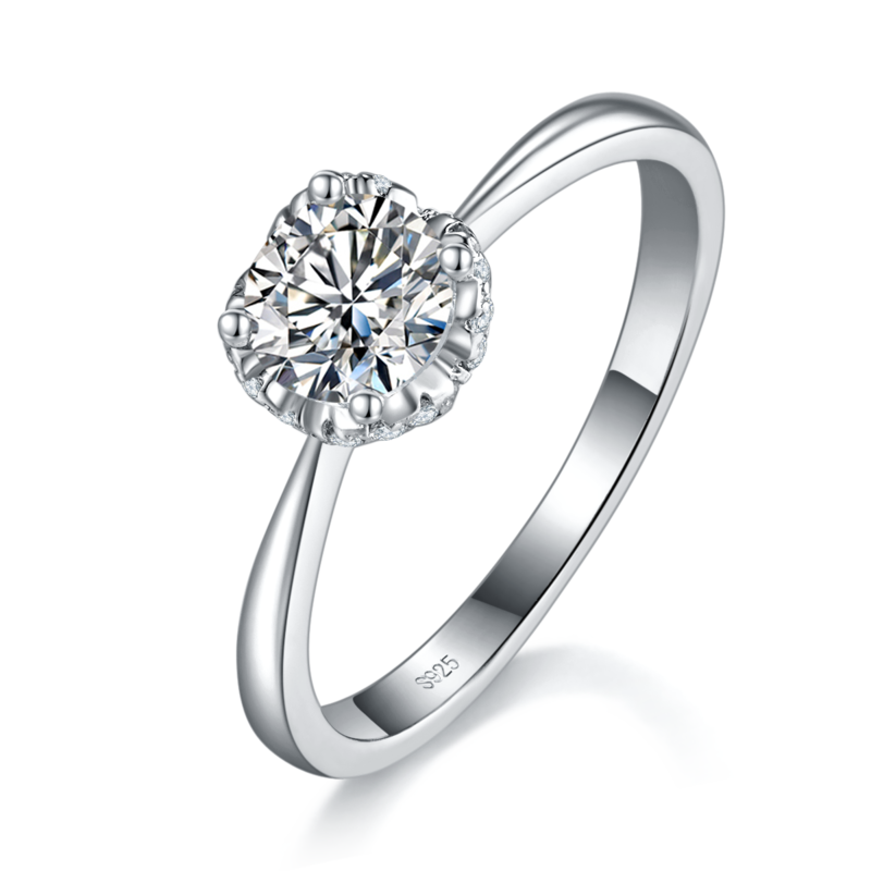 光臂花苞四爪女戒S925银镀白金定制选款莫桑钻1.0ct/副石高碳钻