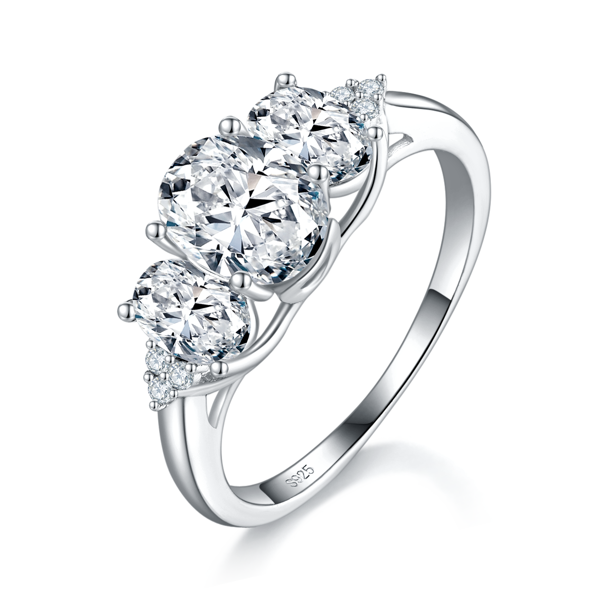 Three Stone Oval Women's Ring S925 Silver Plated Platinum Customized Selection Main Stone Moissanite 1.5ct/Side Stone Cubic Zirconia