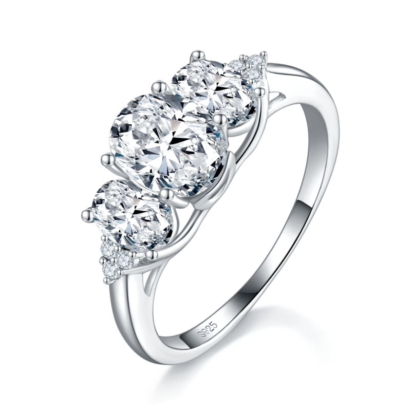三石款蛋形女戒S925银镀白金定制选款主石莫桑钻1.5ct/副石高碳钻
