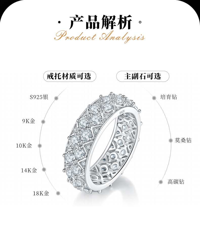 轻奢排戒S925银镀白金女戒定制选款副石莫桑钻2.1ct - 2