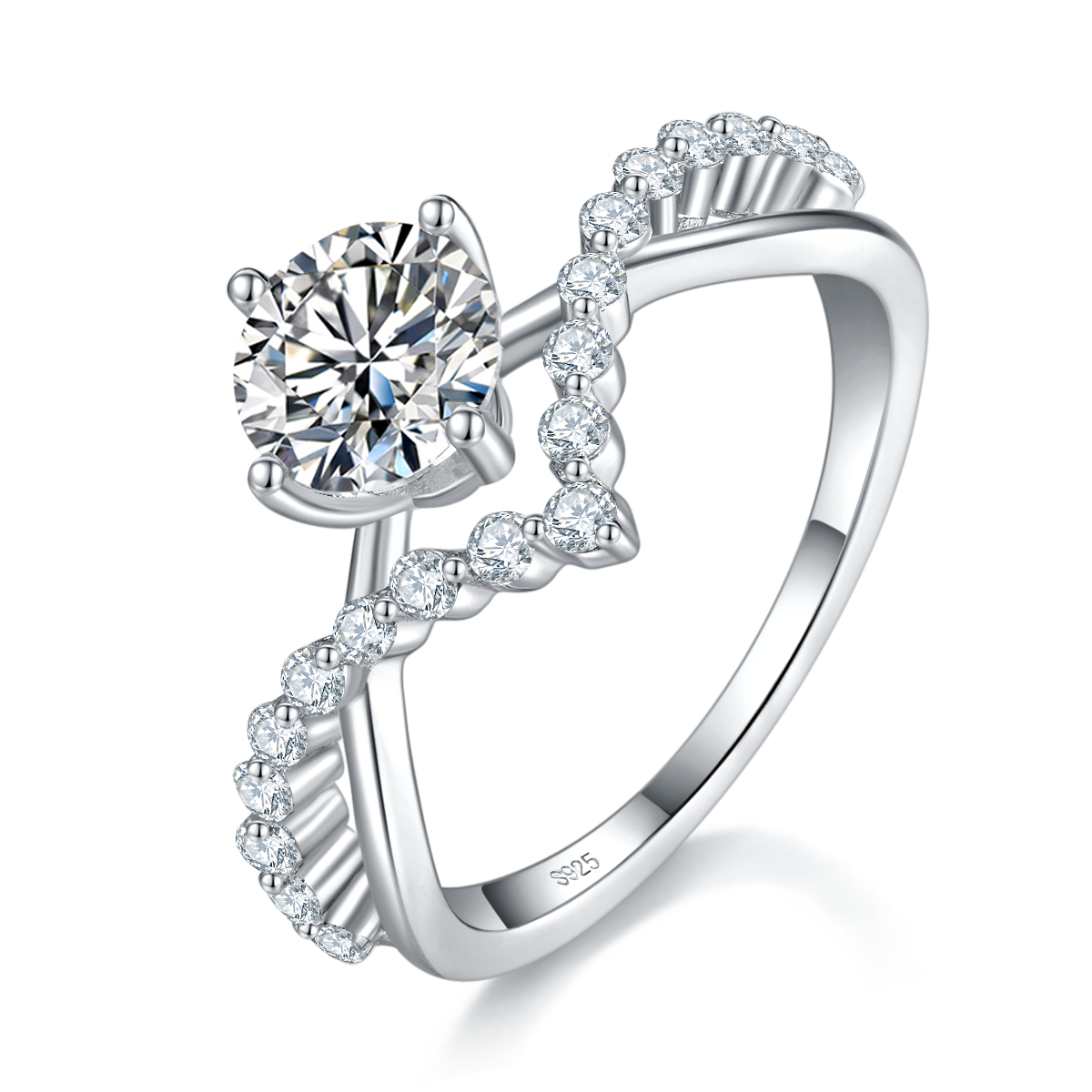 V-shaped Women's Ring S925 Silver Plated Platinum Customized Selection Main Stone Moissanite 1.0ct/Side Stone Cubic Zirconia