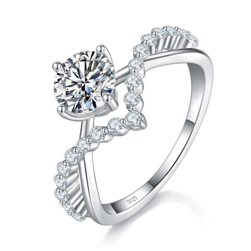V形Women's RingS925银镀白金定制选款主石Moissanite1.0ct/副石高碳钻