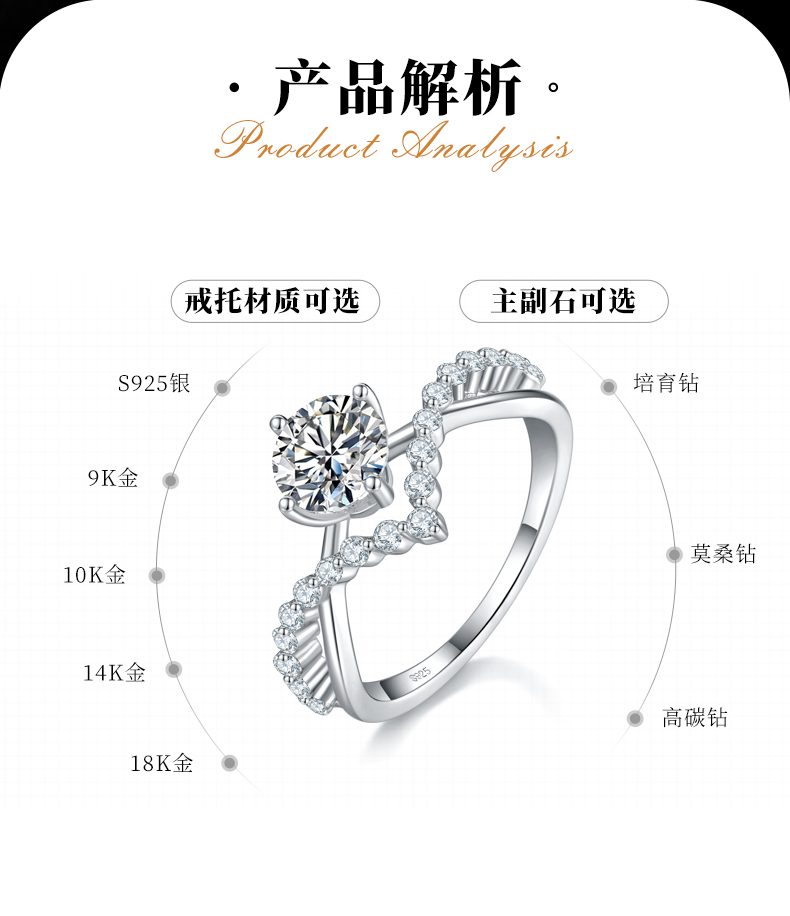 V形女戒S925银镀白金定制选款主石莫桑钻1.0ct/副石高碳钻 - 2