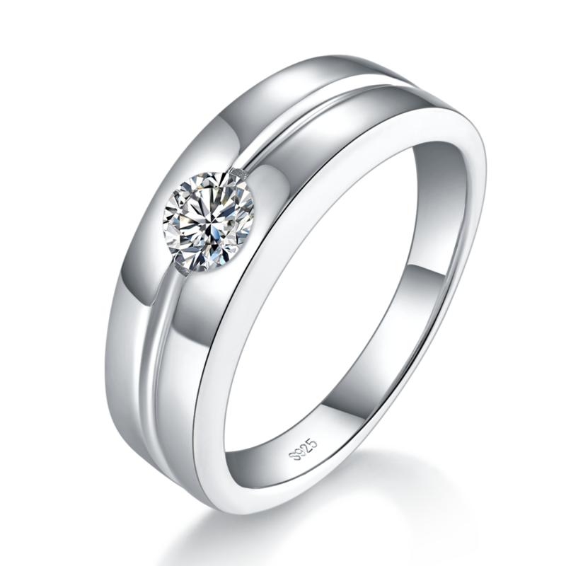 简约风男戒S925银镀白金定制选款主石莫桑钻0.5ct