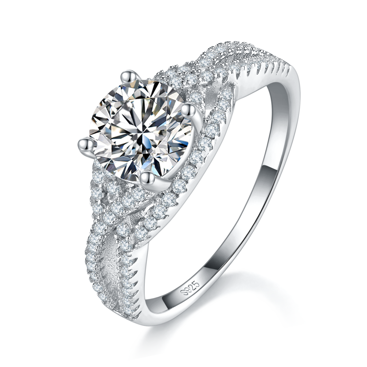 Twisted arm light luxury women's ring S925 silver plated platinum customized selection Moissanite 1.0ct/Side Stone Cubic Zirconia