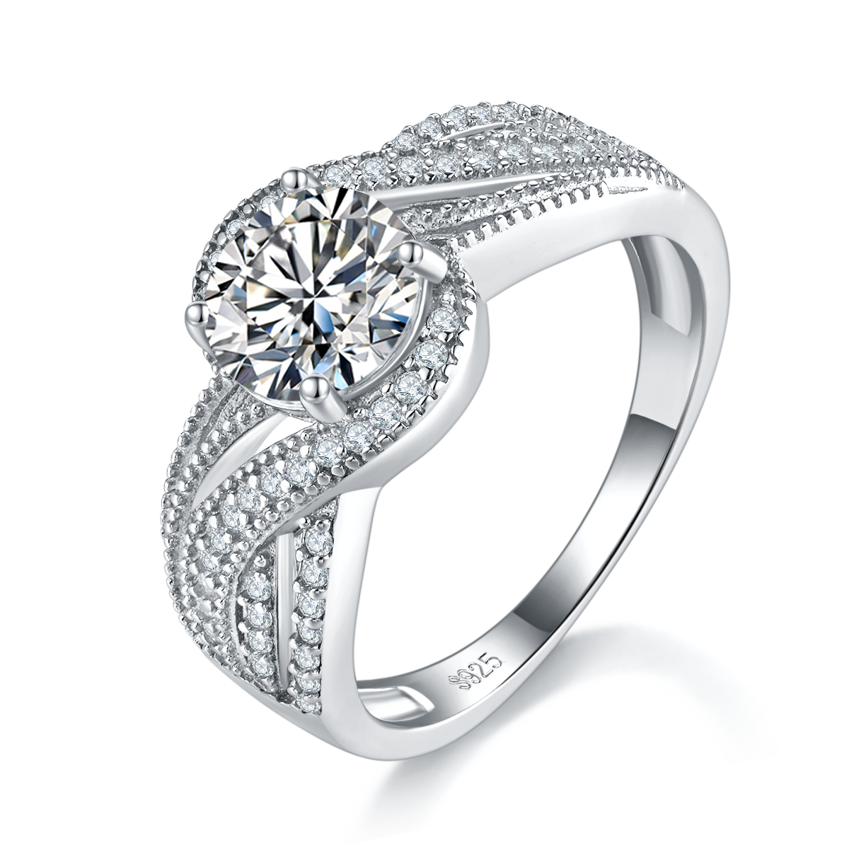 满钻扭臂女戒S925银镀白金定制选款主石莫桑钻1.2ct/副石高碳钻