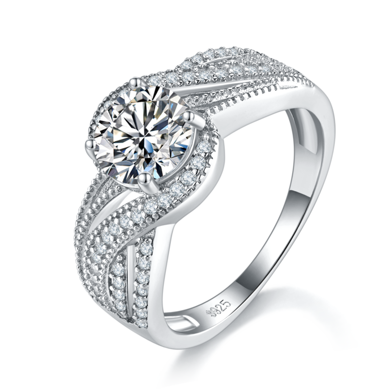 满钻扭臂Women's RingS925银镀白金定制选款主石Moissanite1.2ct/副石高碳钻