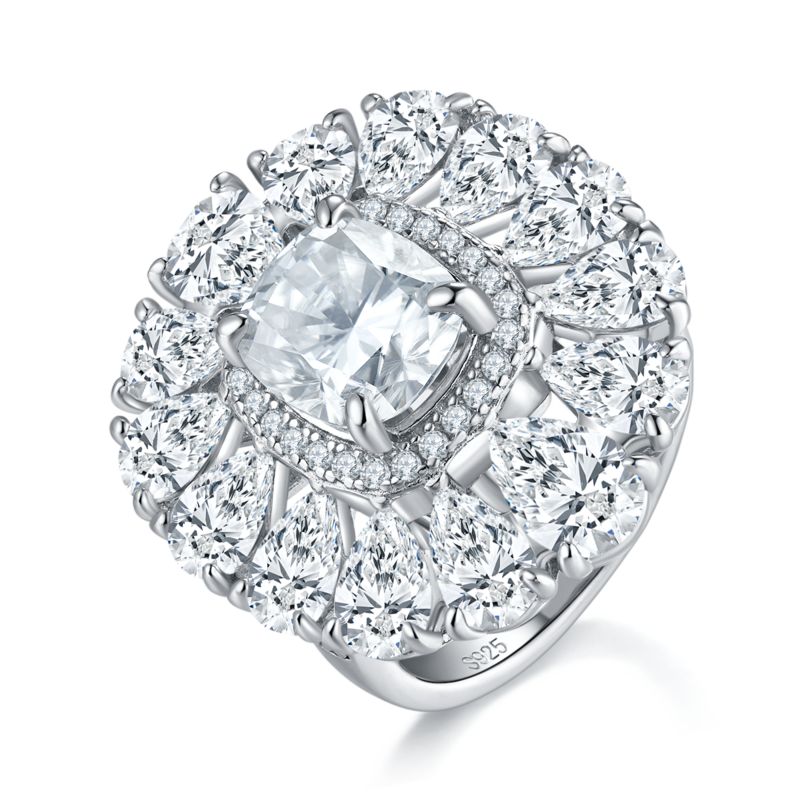 豪华款梨形小钻围镶枕形Women's RingS925银镀白金定制选款主石Moissanite2.5ct/副石高碳钻