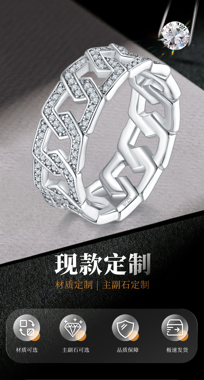 时尚风排戒S925银镀白金定制选款副石莫桑钻0.77ct - 1