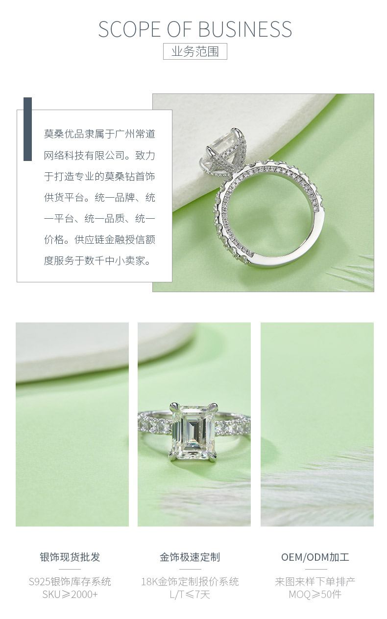R221026016款S925银镀18K白金长方形莫桑钻女戒8*10mm/4.0CT - 3