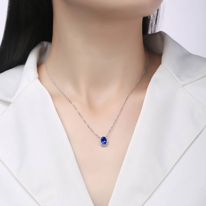 XSN0092培育彩宝S925银镀白金Necklace蛋形1.5ct