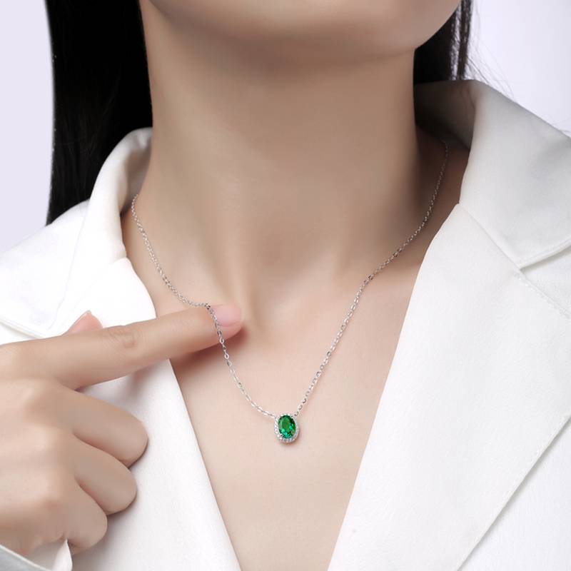 XSN0092培育彩宝S925银镀白金Necklace蛋形1.5ct