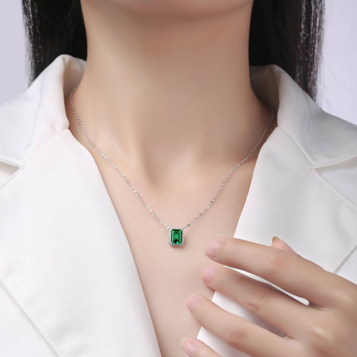 XSN0098培育彩宝S925银镀白金Necklace长方形1.5ct