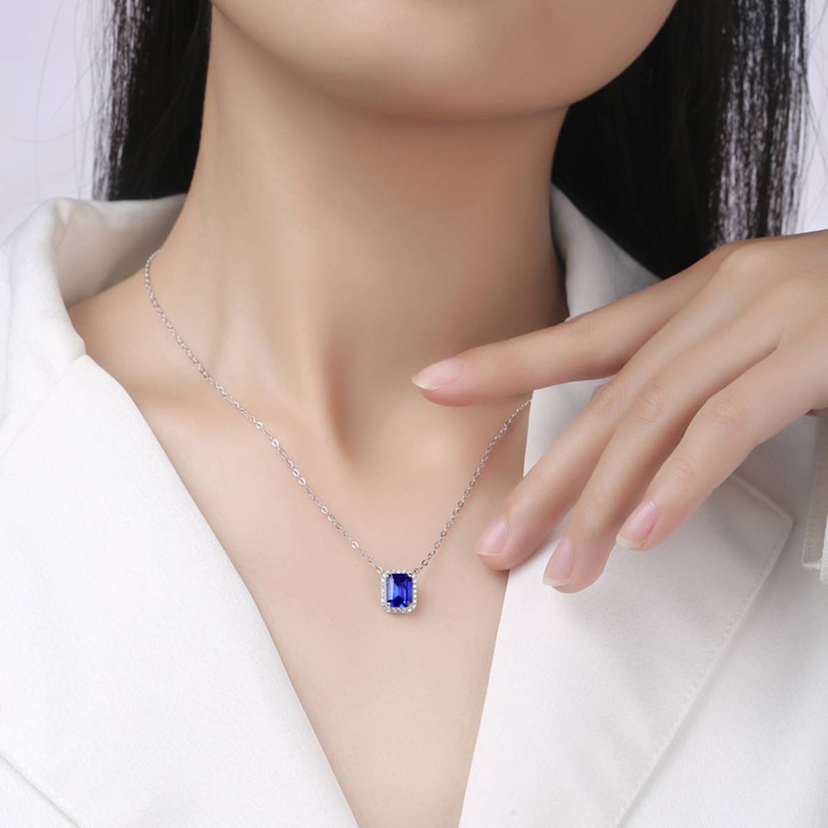 XSN0098培育彩宝S925银镀白金Necklace长方形1.5ct
