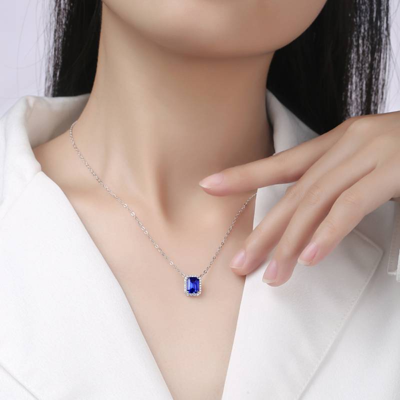 XSN0098培育彩宝S925银镀白金Necklace长方形1.5ct
