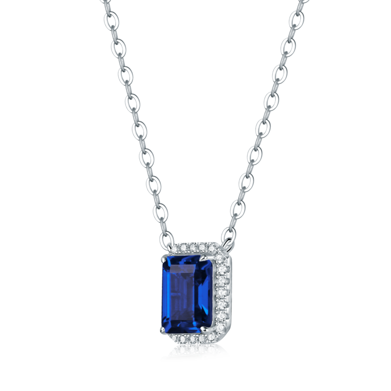 XSN0098培育彩宝S925银镀白金Necklace长方形1.5ct