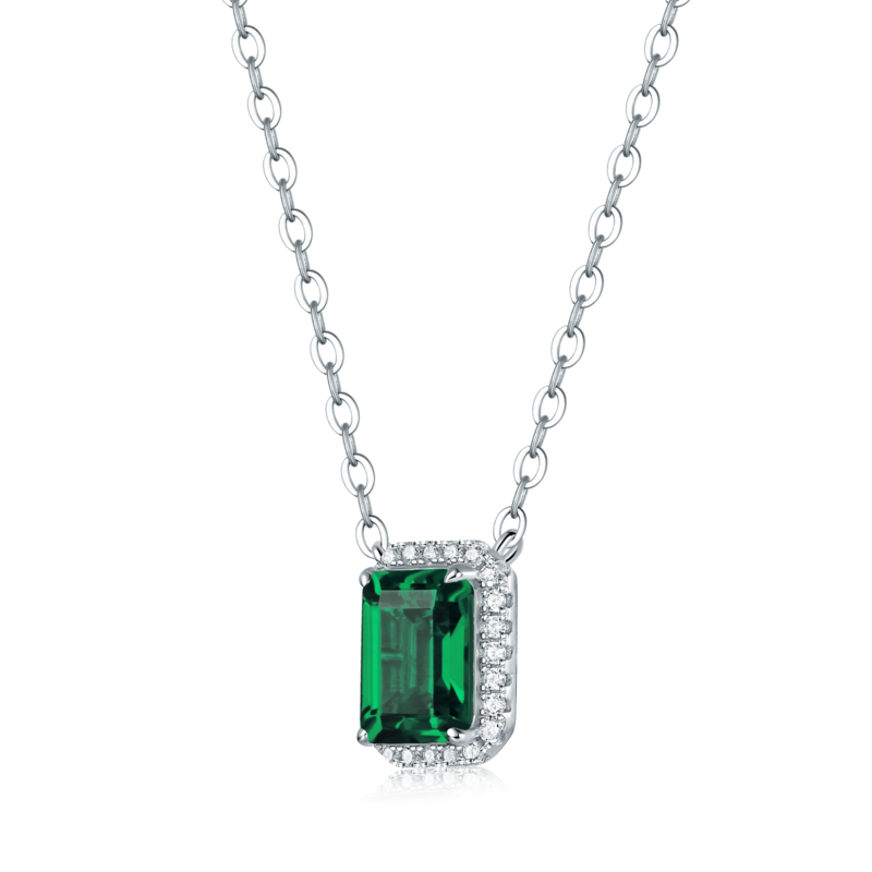 XSN0098培育彩宝S925银镀白金Necklace长方形1.5ct