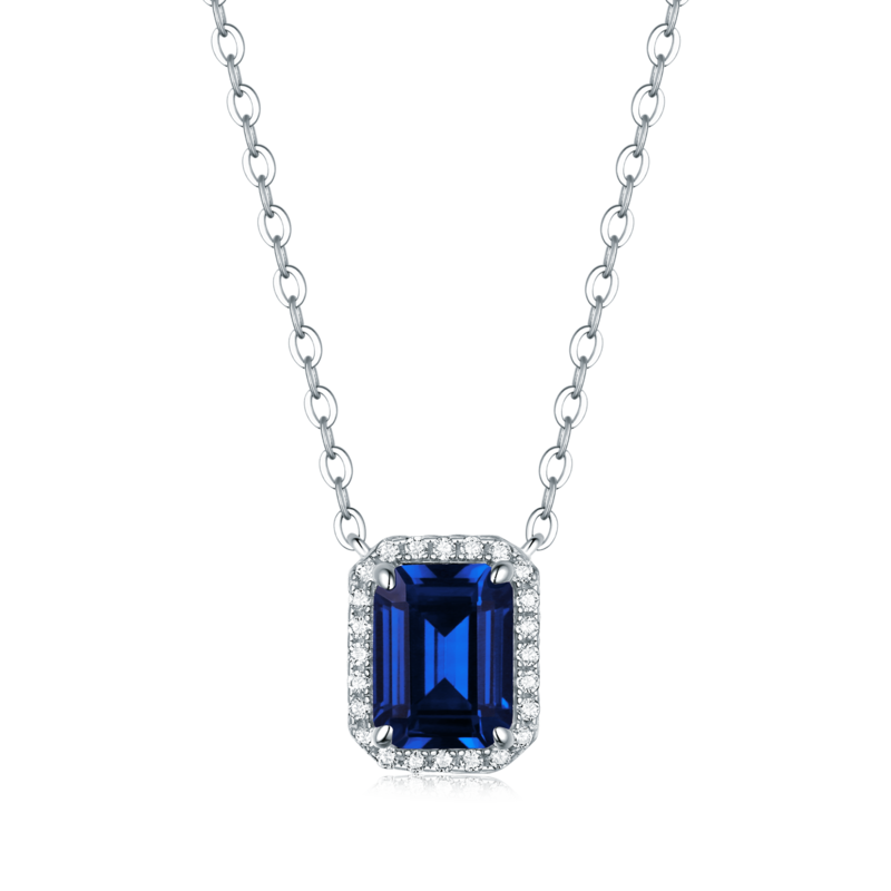 XSN0098培育彩宝S925银镀白金Necklace长方形1.5ct
