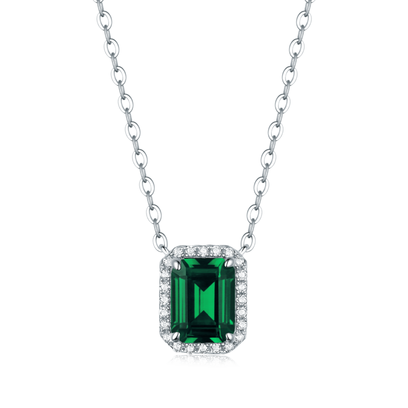 XSN0098培育彩宝S925银镀白金Necklace长方形1.5ct