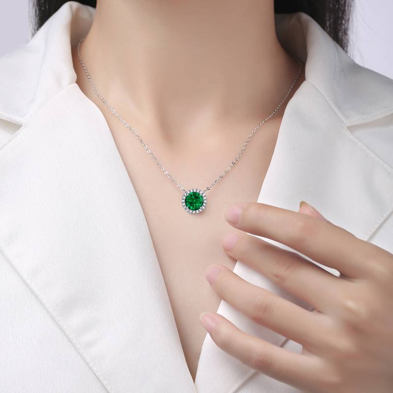XSN0094培育彩宝S925银镀白金Necklace圆形1.0ct