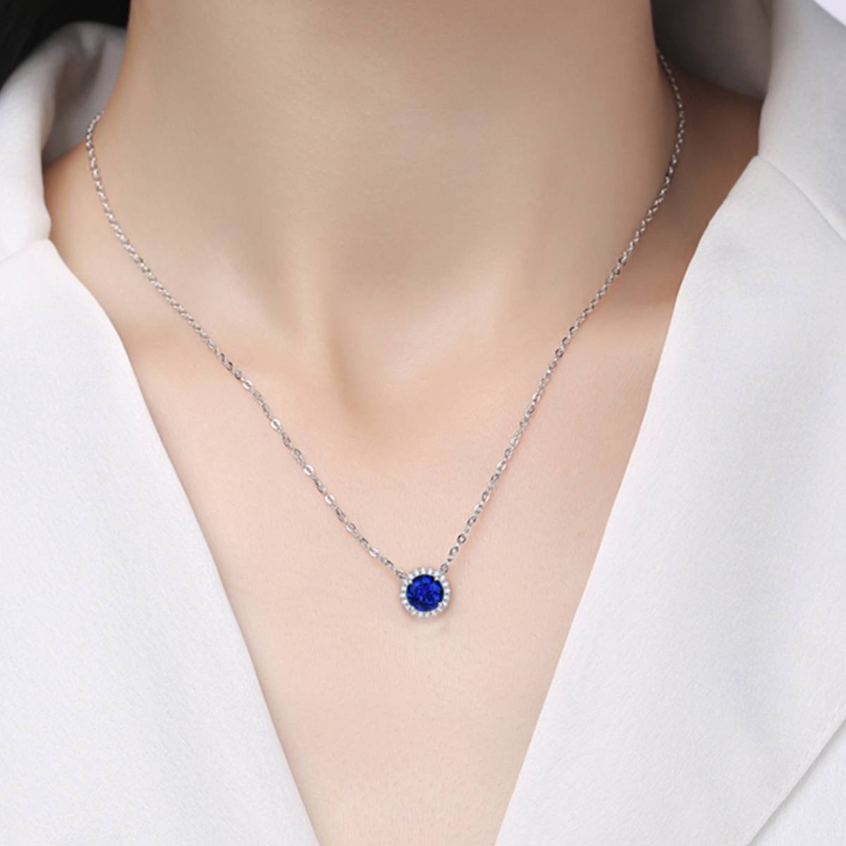 XSN0094培育彩宝S925银镀白金Necklace圆形1.0ct
