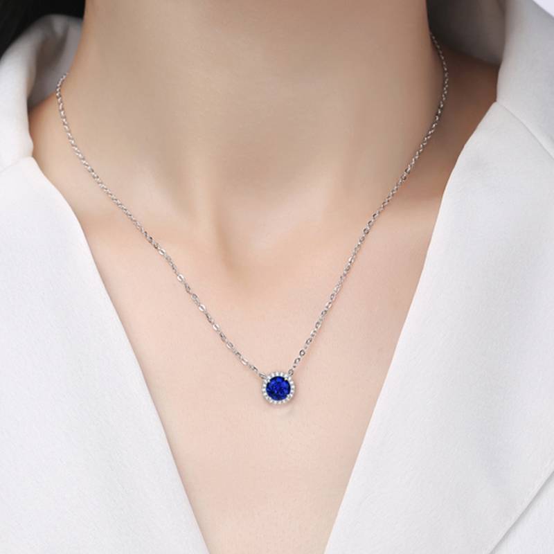 XSN0094培育彩宝S925银镀白金Necklace圆形1.0ct