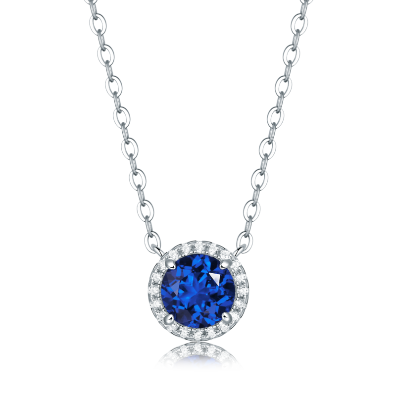 XSN0094培育彩宝S925银镀白金Necklace圆形1.0ct