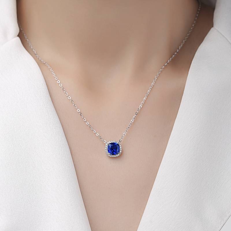 XSN0096培育彩宝S925银镀白金Necklace枕形1.5ct