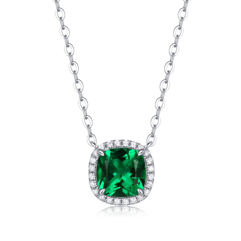 XSN0096培育彩宝S925银镀白金Necklace枕形1.5ct