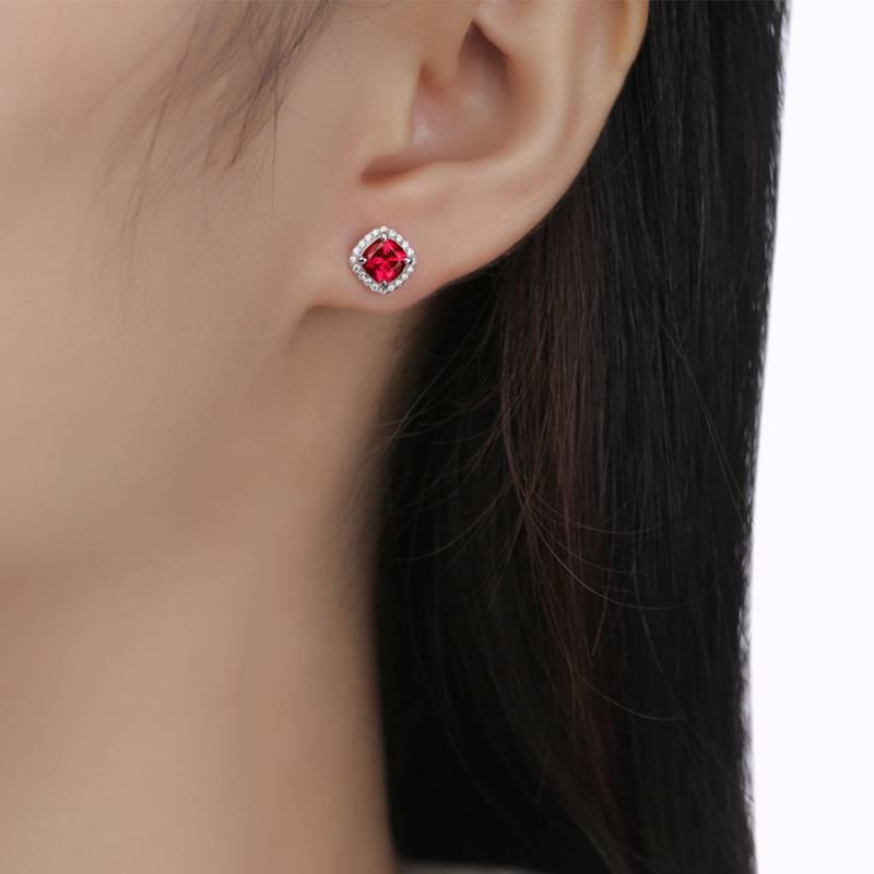 XSE0102培育彩宝S925银镀白金Stud Earring枕形1.0ct