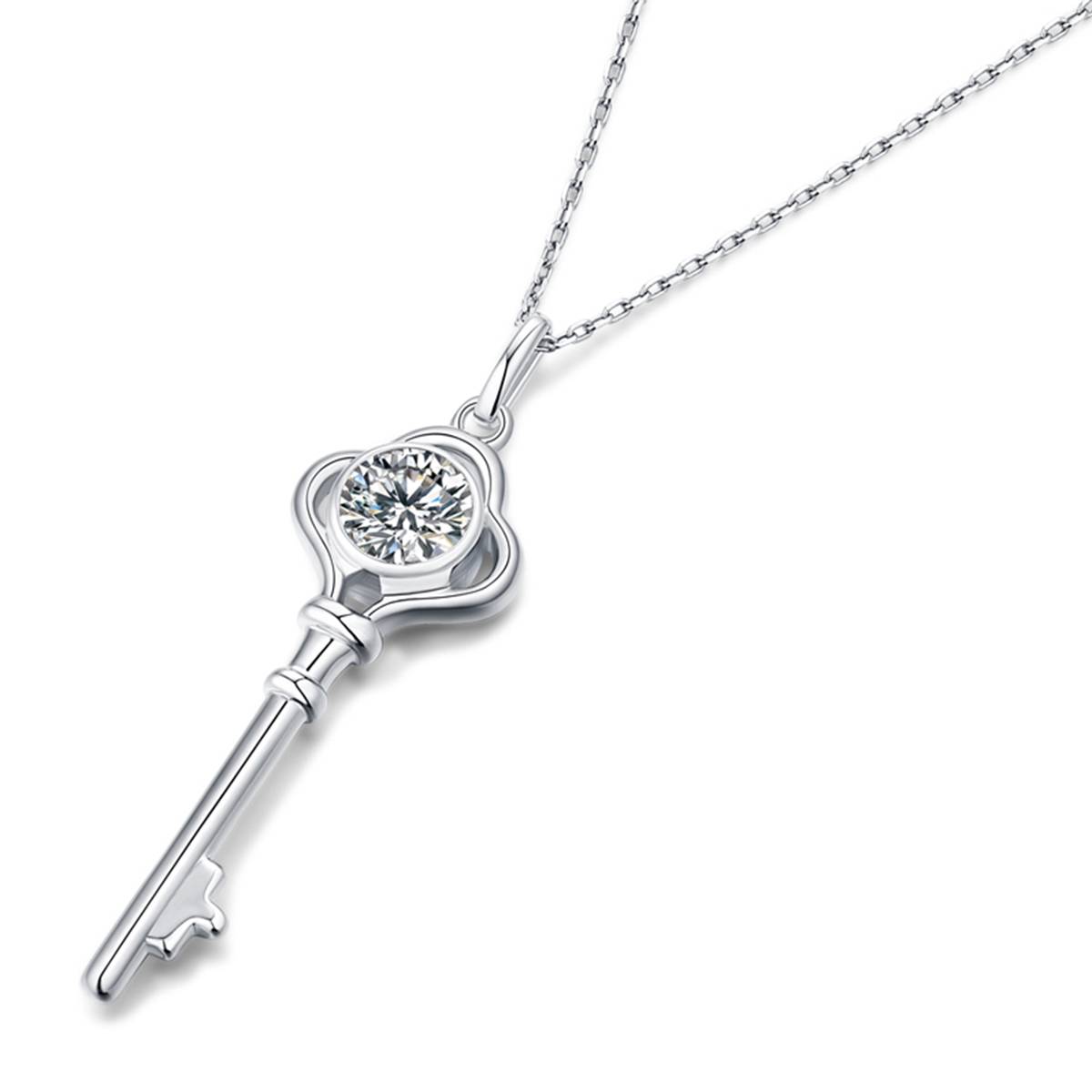 LCP0022MoissaniteS925银镀白金钥匙Necklace圆形1.0ct