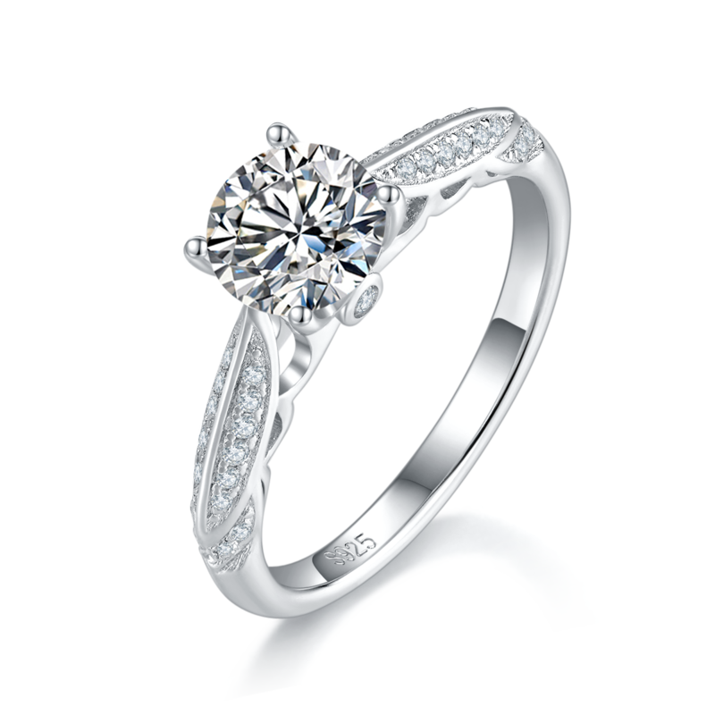 单头Women's RingS925银镀白金定制选款主石Moissanite1.0ct/副石高碳钻