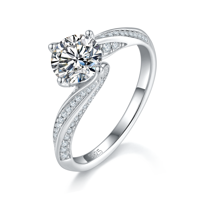 扭臂四爪Women's RingS925银镀白金定制选款主石Moissanite1.0ct/副石高碳钻