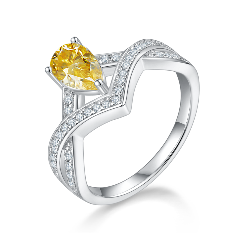 V字锁爱水滴S925银镀白金彩色MoissaniteWomen's Ring1ctD级