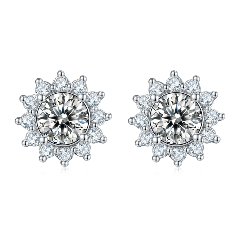 太阳花S925银镀白金MoissanitePendantStud Earring套装