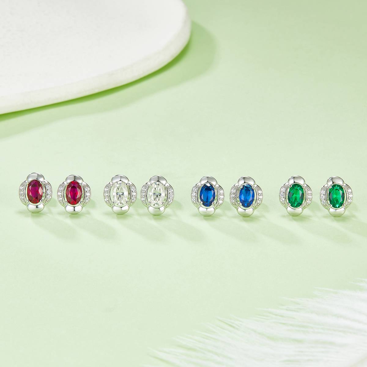 DSYE8款蛋形合成彩宝S925银镀白金Stud Earring4*6mmMM